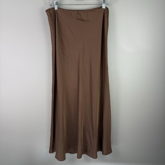 Petal & Pup Brown Satin Midi Slip Skirt Womens L Bias Cut Silky Elastic Waist - Picture 6 of 8